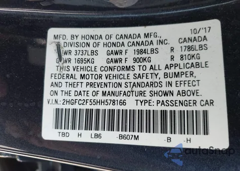 2017 Honda Civic Lx z USA, uszkodzony, nr VIN 2HGFC2F55HH578166